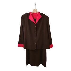 Black & Pink Trim Suit Skirt Set Size 16 Career Professional Business Chic